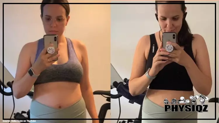 On the left is a woman's before picture where she has on a purple top and green pants and a little pudge is showing on her stomach, but on the right or in her after photo she's wearing a black top that reveals a narrower waist and toner arms. 