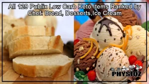 On the right is a dessert dish that has six scoops of ice cream with flavors such as vanilla chocolate chip, chocolate macadamia nut, peanut putter cup, butter pecan, pistachio, and strawberry while on the left is a wooden cutting board holding a loaf that's fresh out of the oven and cut into three different slices that are golden yellow to brown in color showing some of the low carb bread Publix carries.