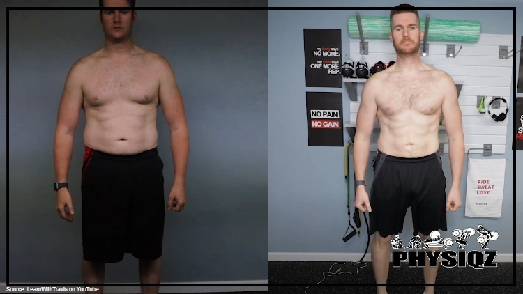 The picture on the left shows Travis's before physique where he is wearing black shorts and a black watch, his stomach is a little pudgy, he has small love handles around his waist, his arms look quite round and his chest not firm, while in his after picture on the right, Travis in black shorts, whose face is more chiseled, arms are more toned, love handles are nearly gone and whose stomach is less pudgy to the point where abs are visible, is standing in front of a wall where his Pelton shoes are hung, a foam roller is displayed as well as workout bands and 3 different posters with motivational quotes. 