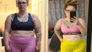 Kristin's before picture on the left shows her wearing pink pants and a black top that reveals her physique is that of an obese woman where her arms are flabby, stomach is round and her face shows discontent, while her 80 day Peloton before and after picture on the right shows her in yellow pants, a pink top that shows she lost 50 pounds and her arms are much leaner and her stomach pouch is completely gone.