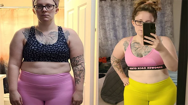 Kristin's transformation over 80 days is evident in a side-by-side comparison: the before image shows her in pink pants and a black top with an obese figure, flabby arms, and a round stomach, while the after image displays her 50-pound weight loss in yellow pants and a pink top, featuring leaner arms and a flat stomach.