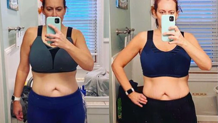 Becky is shown on the left in her before photo wearing blue bottoms and a gray sports top taking a selfie showing her midriff which has a round pouch at the top and her arms which are slightly flabby, in comparison to her after picture on the right where she is wearing a blue top and black bottoms but her stomach is more flat and her arms more defined.