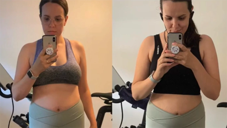 On the left is Bella's before picture where she is taking a mirror selfie while wearing green pants and a purple top that shows she has a little belly or pouch, and on the right side her after picture shows she has a thinner stomach, shoulders, and smiling due to her sustained results. 
