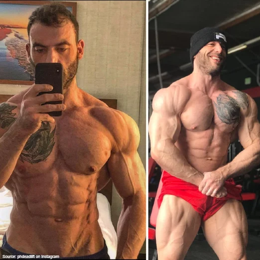 On the left is Ben Pollack before a powerlifting meet and he's very, very lean but on the right is Ben within a week of the same powerlifting meet showing that definition isn't sought after in powerlifting, although it can be a byproduct of cutting weight for a meet. 