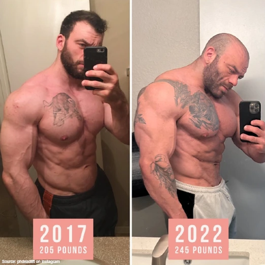On the left is a mirror selfie from Ben Pollack, a professional powerlifter and he is quite muscular for a powerlifter, but on the right is a second mirror selfie from Ben taken 5 years after or in 2022 and his bicep and triceps are much larger and his pecs are much fuller too. 