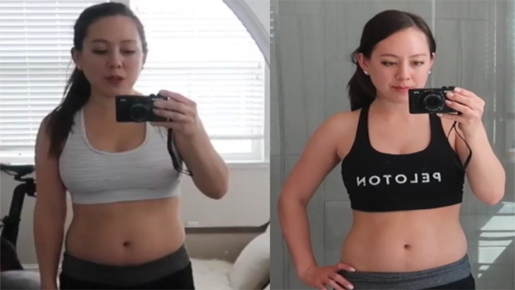 Christina is taking a mirror selfie in both her before picture on the left and after picture on the right, but the before picture shows her stomach has a little fluff to it while in the after picture her abs are starting to show and she 's smiling as well. 