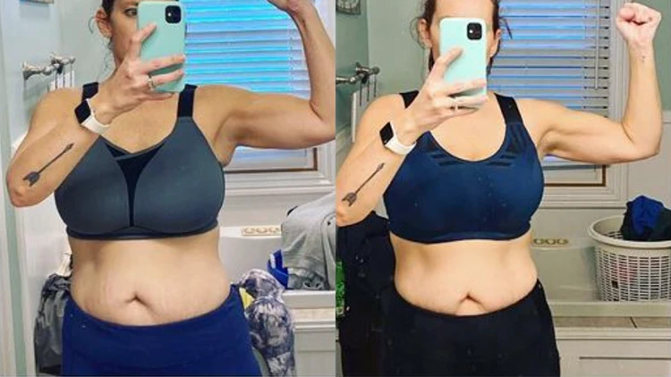 Becky's before-and-after results from Crush Your Core Peloton show a left image where she wears a dark grey sports bra and blue pants, revealing slightly flabby arms and a slight belly. In the right image, she wears a dark blue sports bra and black pants, displaying a flatter stomach and noticeably tighter arms.