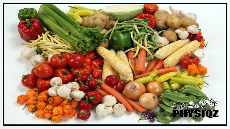 A variety of vegetables, including green and red bell peppers, corn, tomatoes, mushrooms, carrots, potatoes, celery, string beans and an assortment of other peppers are all spread out on a white backdrop.