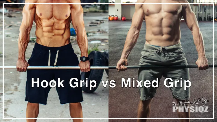 On the left, a shirtless man with a watch wearing black shorts is holding a barbell with in a double overhand grip or where both hands are pronated and on the right is another shirtless man wearing a grey cargo short holding the barbell with one hand supinated and the other hand pronated showing the differences between hook grip vs mixed grip.