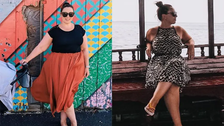 On the left, Jayne with sunglasses on, is wearing a black shirt and orange skirt showing her body that is slightly wider and plumper; on the right, is her with sunglasses on, wearing a zigzag patterned black and white dress where her body appears to be slimmer, curvier and more toned.