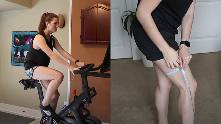 Jenna's before picture on the left shows her pedaling on a Peloton bike with thin arms, slender legs, and leopard print shorts on, while her after picture on the right shows her using measuring tape around her leg that is much more tone. 