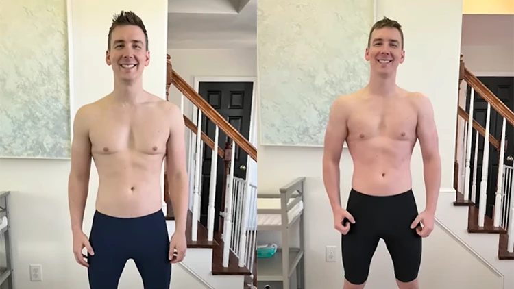 Jonathan is standing in his living room next to a stair case in both his before and after picture, but the before picture on the left side shows him looking skinny-fat, where the right hand side or after picture reveals a much more defined chest, abs, and biceps. 