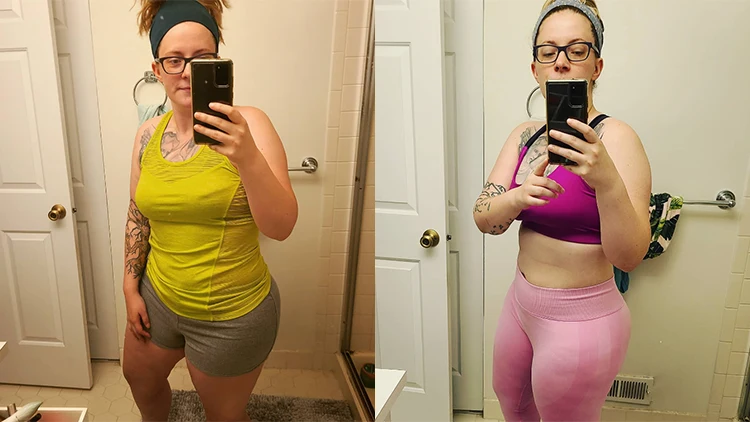 On the left, Kristin is holding her phone up as she takes a before picture in her mirror that shows her wearing a yellow t-shirt, and grey pants with a small belly and round legs, and her after picture on the right shows her in pink clothing, and in the same mirror but her stomach is completely flat and her thighs appear fitter too. 