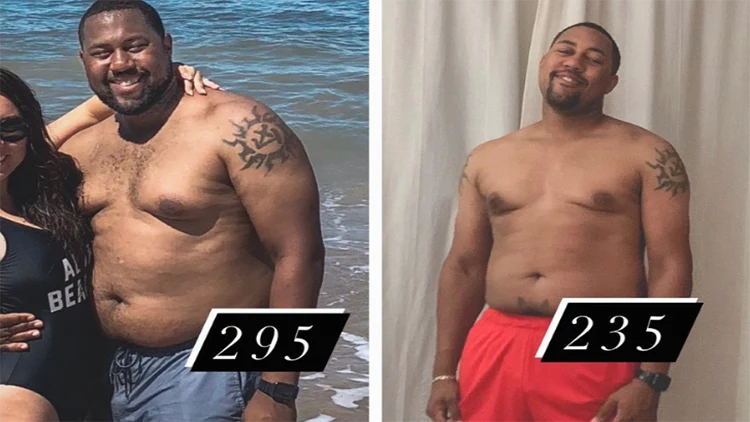 In this picture we see Levi's before picture on the right where he is standing in a body of water beside a woman in a black bathing suit, Levi is smiling wearing blue shorts where you can see his round stomach a flabby chest, and his face is a bit round, but in his after picture on the right it shows Levi 60 pounds lighter in red shorts with a more slim smiling face, a smaller stomach and a chest that is a bit more toned.