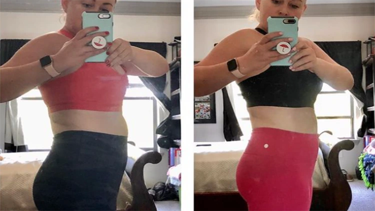 Lydia's before picture on the left shows her taking mirror selfie in a red top, black pants, and with her belly bulging past her waist, and on the right hand side her after picture displays her in the same mirror, but 10-20 pounds less which can be noticed by her flat belly and smaller waist. 