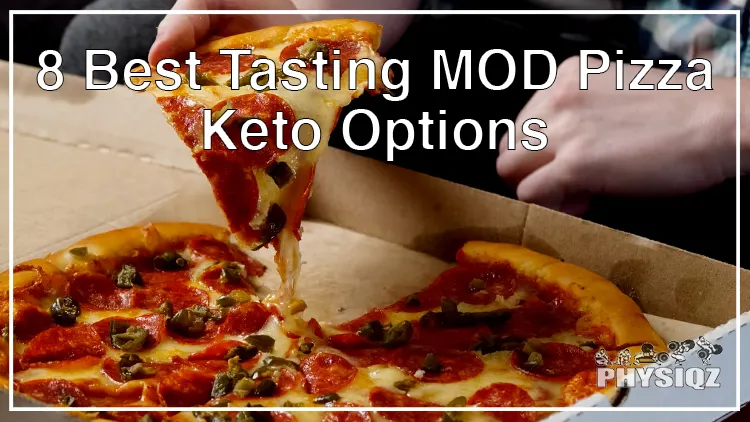A person is taking a slice of pizza from a box of MOD pizza keto friendly options, the pizza is garnished with different toppings such as jalapenos, cheese, and pepperoni.