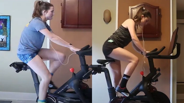 A Peloton before and after legs picture shows a woman with an average physique riding a stationary bike in blue shorts, and a grey shirt , but on the right hand side the same woman is standing on the stationary bike, has headphones in, and her legs look more toned in both the thighs and calves.