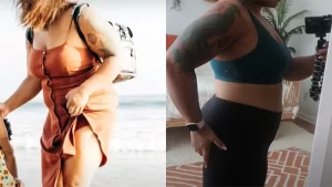 A Peloton before and after weight loss picture set has the before picture shown on the left where Janessa is on the beach wearing a brown buttoned dress, her stomach is bulbous at the bottom and arms are round, but in her after picture on the right, it shows the same woman wearing black leggings and a blue-green tank top with a much more toned upper body including a flat stomach and fit arms.