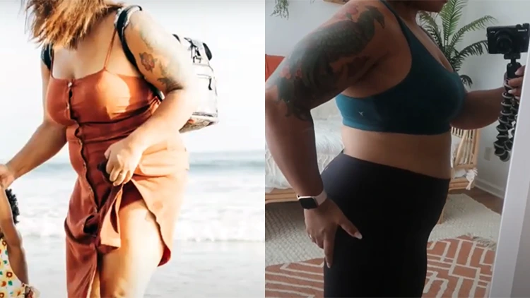 Before and after weight loss comparison of using Peloton, showing Janessa on the beach in a brown buttoned dress with a bulbous stomach and round arms on the left, and in black leggings and a blue-green tank top with a toned upper body, flat stomach, and fit arms on the right.