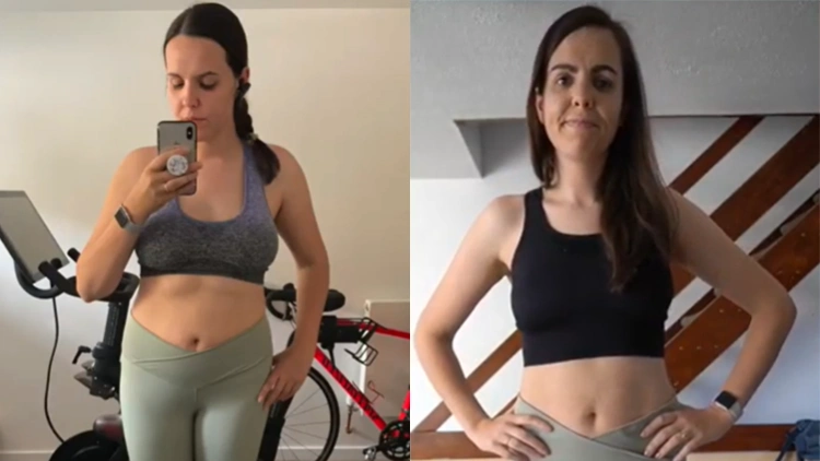 On the left, Bella wearing a grey tank top and pants holding up a phone in front of a mirror and taking a picture of herself showing her body, stomach is bloated and her flabby; on the right, Bella posing and showing her body that is leaner and more toned from doing Peloton, before and after pictures of her clearly shows weight loss.