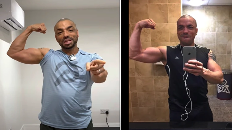 A Peloton strength before and after photo series shows one image on the left where a smiling man is pointing at the camera and wearing a light blue Peloton t-shirt while flexing his right arm, which is slightly muscular, but his after picture on the right has him wearing all black with a proud smirk on his face flexing his right bicep that's much more defined, larger, and rounder than before.