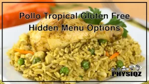 A guy with a shaved head, black glasses, and a black t-shirt is sitting at a table inside a Pollo Tropical restaurant that has green side dish containers on it with yellow rice all while he makes a face of uncertainty since he's questioning if he ordered Pollo Tropical gluten free sides and entrees.