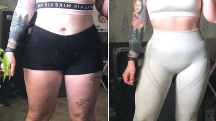 A before picture of Savannah is on the left and shows her wearing black shorts that reveal her tattoos, as well as thick-ish thighs, while her after picture on the right shows her in white pants with toned, tight thighs and a slim waist.