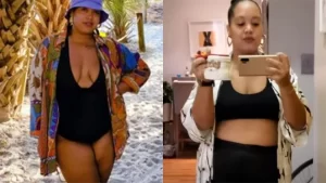 Irene's stationary bike weight loss before and after picture where the before image on the left she is on a beach in a black one piece swim suit that shows her thick thighs and the after picture on the right she's taking a mirror selfie in her bedroom while drinking holding a mug and her thighs and belly appear much thinner.