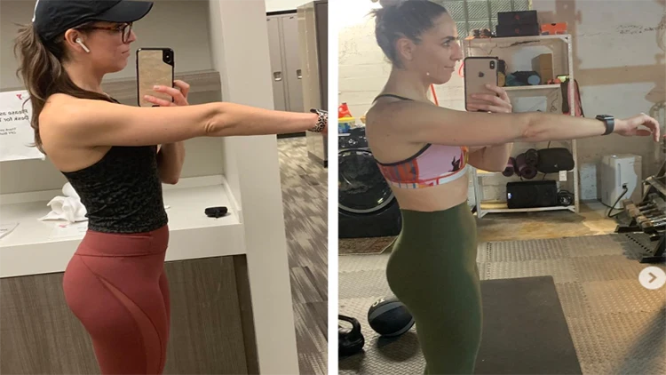 Steph's before picture on the left shows her wearing maroon yoga pants, and a black top where she looks relatively fit, but the after picture on the right reveals her in the same angle but her legs are clearly more lean and her stomach is smaller as well. 