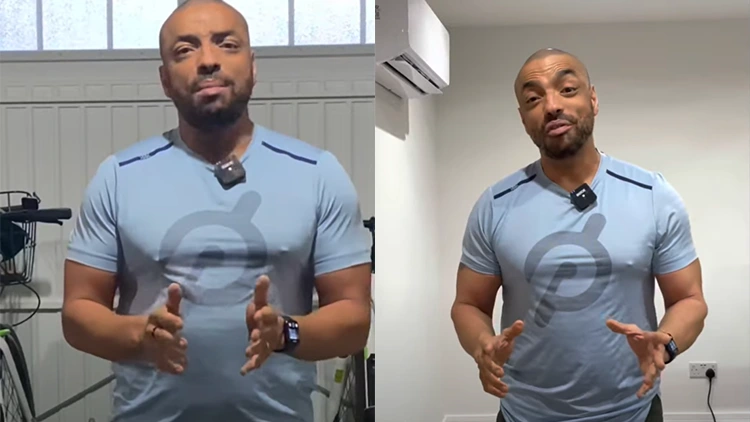 Steve has a before picture on the left where he is wearing a blue Peloton shirt that reveals a round belly underneath and some chest fat, but his after picture on the right shows Steve in the same shirt with no belly showing, less chest fat, and large biceps.