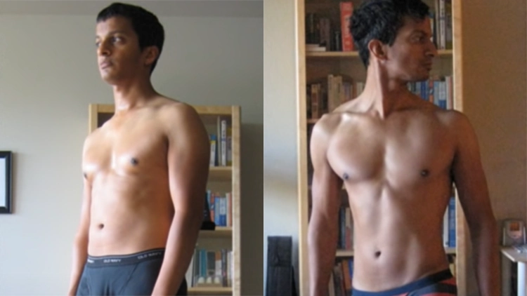 In both the before and after pictures of Sumit, he is seen standing in front of a book case, but in the before picture on the left he is wearing black shorts, his stomach shows a small amount of fat in the abdominal area and his chest is not very muscular but in his after picture, where he is wearing blue and red striped shorts, his abs are more visible and lean while his chest muscles are more defined.