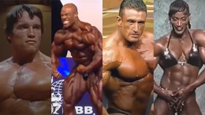 Images of Lenda Murray, Dorian Yates, Ronnie Coleman, and Arnold Schwarzenegger are shown side by side to compare their physiques and help declare who the top 10 bodybuilders of all time are.