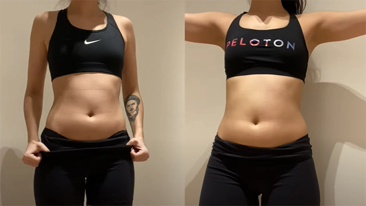 In her before picture on the left, Valeria is standing up right wearing a black sports top and black bottoms with her small arms at either side and a very slight pudgy stomach where as her after picture on the right shows her in a similar outfit but with a more toned core and shows her flexing her more muscular arms.