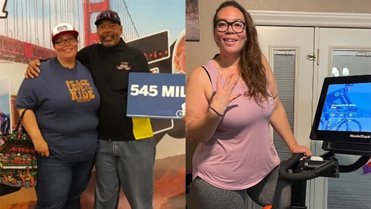 In the before photo on the left, Vanessa, heavy-set woman, whose round stomach shape can be seen beneath her navy blue t-shirt is also wearing jeans and a white hat, is standing next to a man wearing jeans, a black sweater and a black hat but in her after picture on the right, the same woman is sitting at home on her Pelton bike wearing a pink tank top and gray leggings with a much flatter stomach, less flabby arms and an overall smaller physique. 