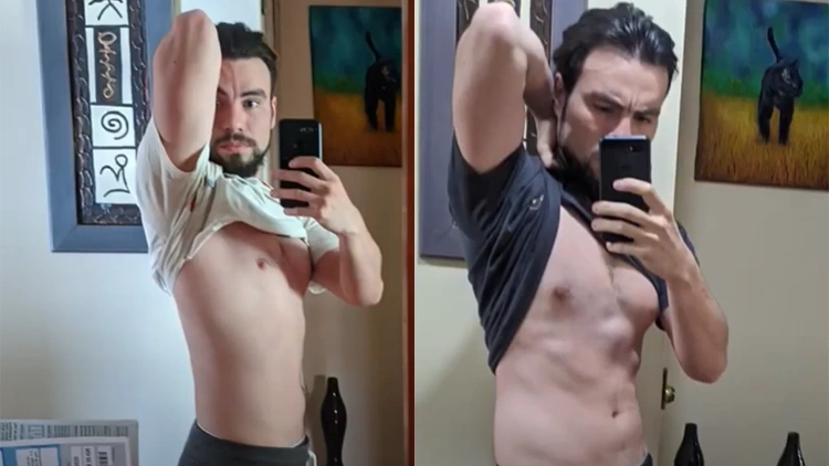 On the left Chilli is taking a mirror selfie with his phone in his left hand, and his right hand holding up his white shirt which reveals a relatively undefined stomach, but on the right is his after picture from doing 500 crunches a day and his six-pack is beginning to show some and he appears slightly leaner.