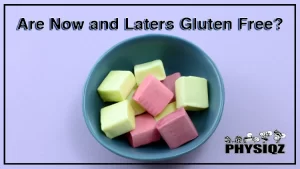 On a matte lavender-colored surface is a small blue bowl filled with fruit chews candies, with a text above it that says "are Now and Laters gluten free?" that makes dieters wonder the same question.