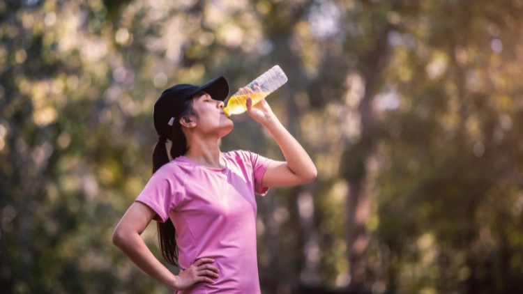A woman with tied hair and black cap, wearing a pink t-shirt is drinking a water with electrolytes from a clear water bottle, outdoors with blurred trees in the background.