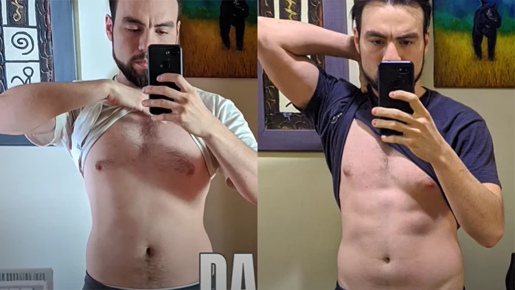 On the left Chilli is holding up his shirt and showing his flat, yet undefined stomach and in the after picture on the right his abs are starting to become visible. 