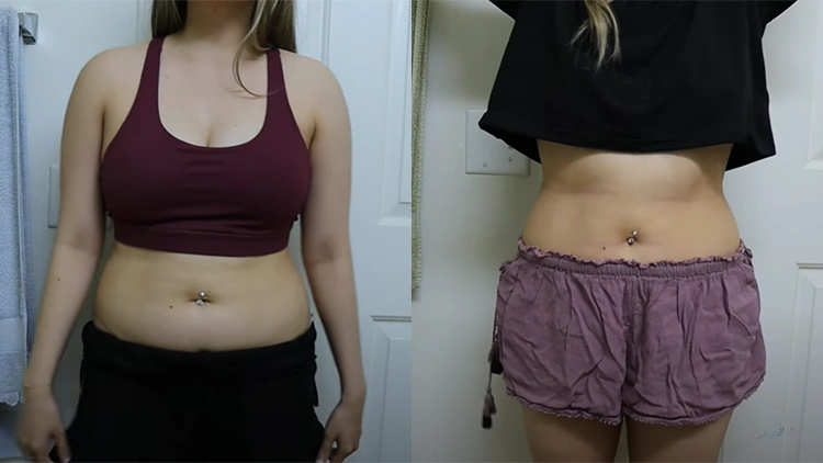 On the left is a before picture of Cici where she's wearing a maroon top and a black skirt that shows her pudgy stomach and on the right is an after photo from doing 500 crunches each day and her stomach is slightly flatter and she's wearing a black shirt and purple shorts. 