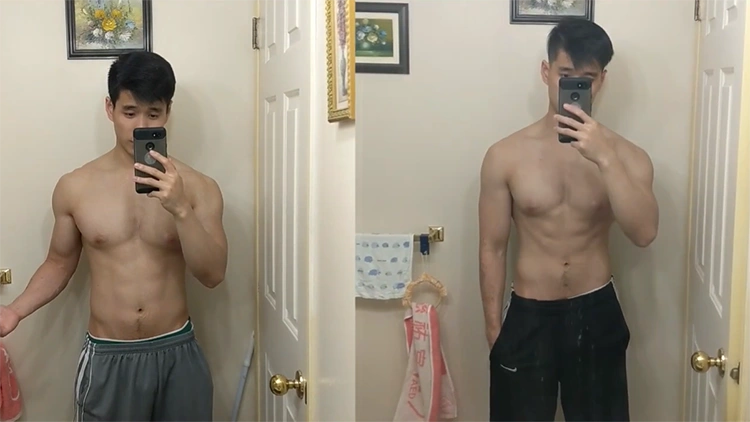 On the left Eric is shirtless in a bathroom and you can slightly see his six-pack, but on the right photo after doing crunches everyday he looks just a little leaner and his abs have just a little more definition but it may be because he's flexing on the after photo. 