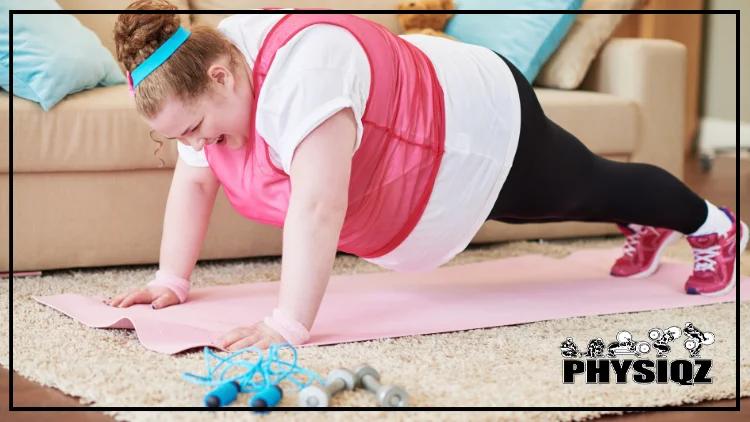 A red haired woman wearing a white t-shirt, pink vest, blue hair band and pink shoes is yelling as she completes a push up on top of a pink yoga mat that's inside her living room with a tan couch and blue pillows. 