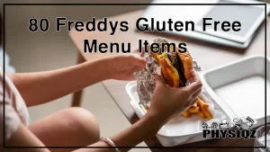 A woman ordered burger and fries meal off of Freddys gluten free menu and delivered at her home, she sits in her living room with the delivered food placed on the wooden table in front of her, a tablet and a laptop can also be seen on the table.