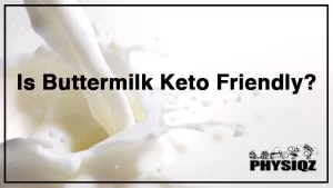 A horizontal close-up photo of a poured milk with splashes with the words 'Is buttermilk keto friendly?' over it.