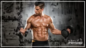 A tan guy with a buzz has his shirt off, is shiny in appearance due to oil or sweat, and is doing curls with dumbbells as he asks himself "Is curling 40 pound dumbbells good?" and there's black wall paper in the background that looks like sheet metal.