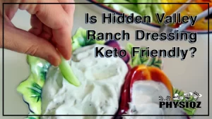 A woman who is wearing a black t-shirt and holding a small bottle of Hidden Valley Ranch is talking to a man to her right who is wearing a sports cap and has a long beard while both look at each other and ask "Is Hidden valley ranch dressing keto friendly?".