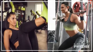 On the left is a woman wondering the best way to figure out her leg press to squat conversion as she pushed up on the leg press machine with her yellow shoes, and on the right is a woman doing a smith machine squat with red 45 and 25 lb plates behind her.