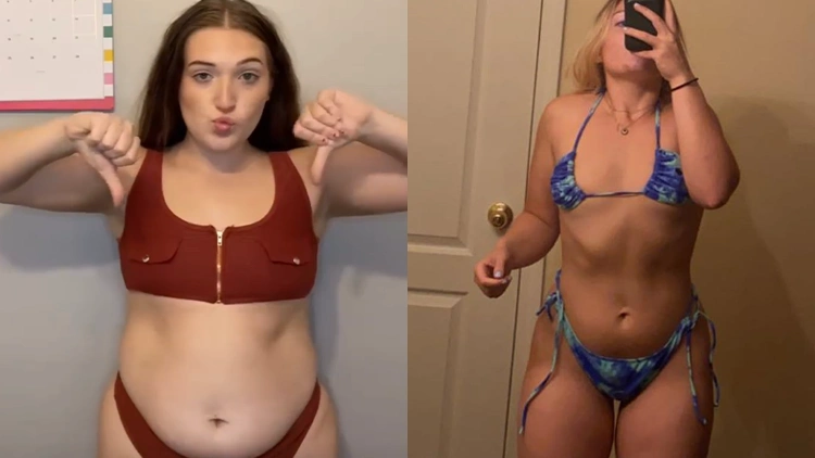 On the left is a female in a maroon two-piece bathing suit, her face is sullen and her belly is spilling over the bikini bottoms there is a calendar on the wall behind her and on the right is the same female in the blue bikini but who is now much slimmer, her face has a more content expression, and her belly, arms, waist, face and thighs have become thinner. 