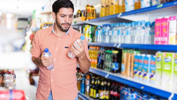 A man with beard, wearing a peach polo and denim pants is choosing between two bottles of water from a beverage shelf in a grocery store.