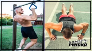 To show the differences of a pull up vs push up, a man on the left has on black shorts and is at a park holding onto monkey bars while performing a pullup, and on the right a man is wearing red shorts and a black tank top performing a push up.