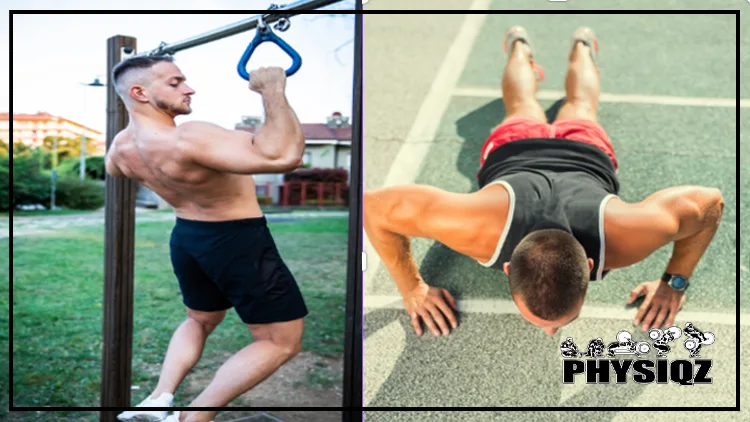 To show the differences of a pull up vs push up, a man on the left has on black shorts and is at a park holding onto monkey bars while performing a pullup, and on the right a man is wearing red shorts and a black tank top performing a push up.